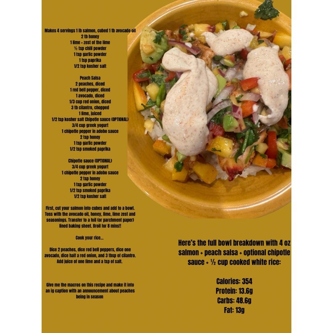 Crunchy salmon over rice w peach salsa